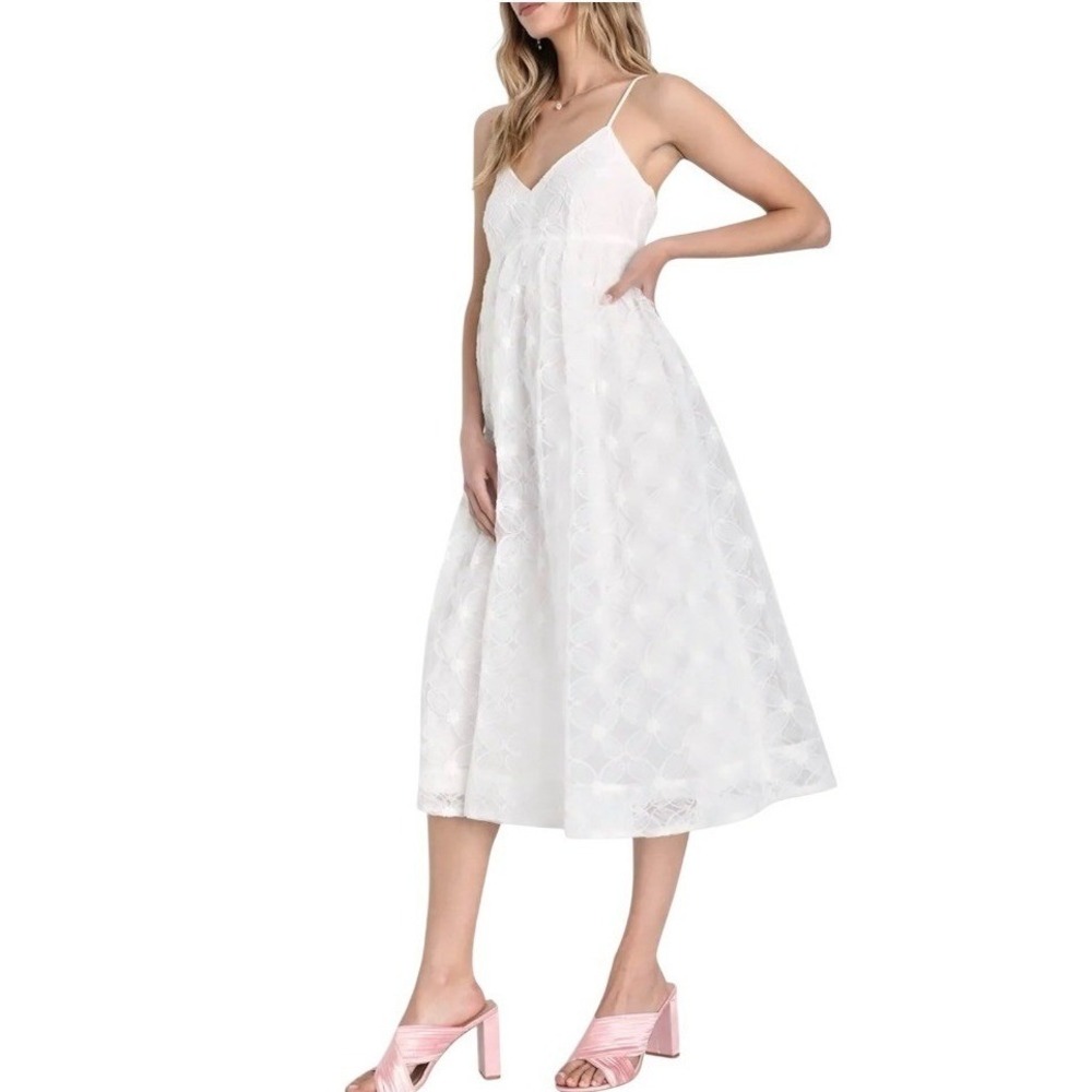Lulus Floral Lace Midi Dress XS White Bridal Shower Wedding Smocked Coquette NWT